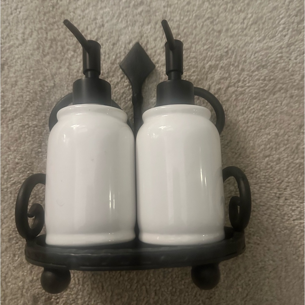 Mud Pie Black and White Soap and Lotion Pump Set with metal caddy